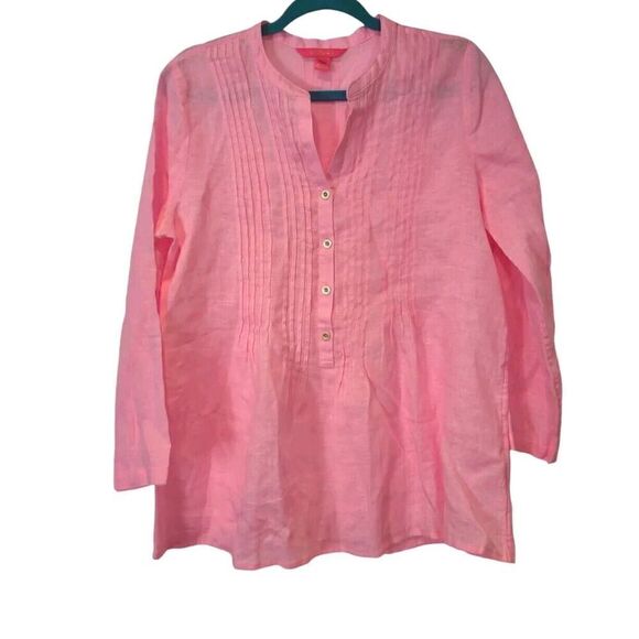 Lilly Pulitzer Sarasota Tunic Top Blouse Pink Isle, 100%Linen | Size M | EUC - Picture 2 of 11